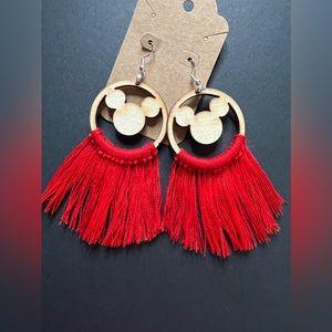 028 Custom Handmade Earrings Featuring a Mickey Mouse Wooden Head w/ Red Fringe